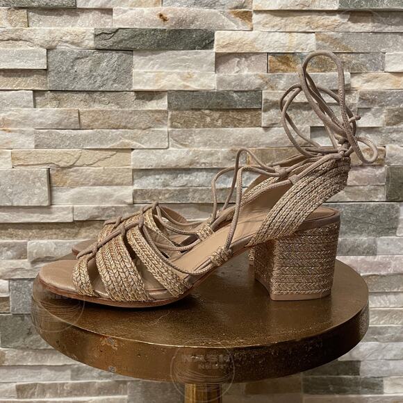 Pour La Victoire 8.5 Gladiator Sandals | Metallic Gold Rope Strappy Block $290 - Picture 1 of 9